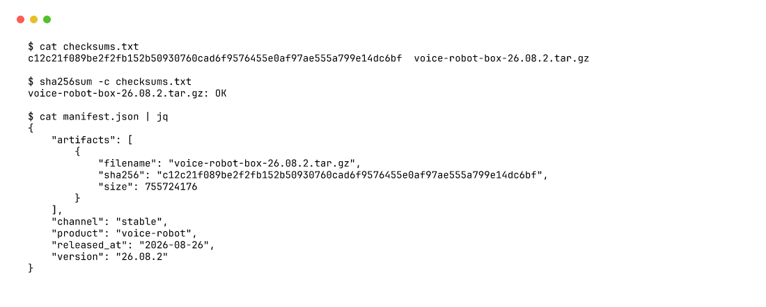 Сверка sha256 и содержимое manifest.json